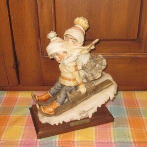Sledding Winter Fun  Vintage 1982 Giuseppe Armani